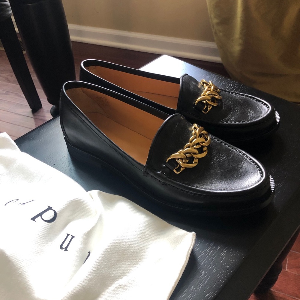 Sandro $475 Retail Gold Chain Black Leather Loafer